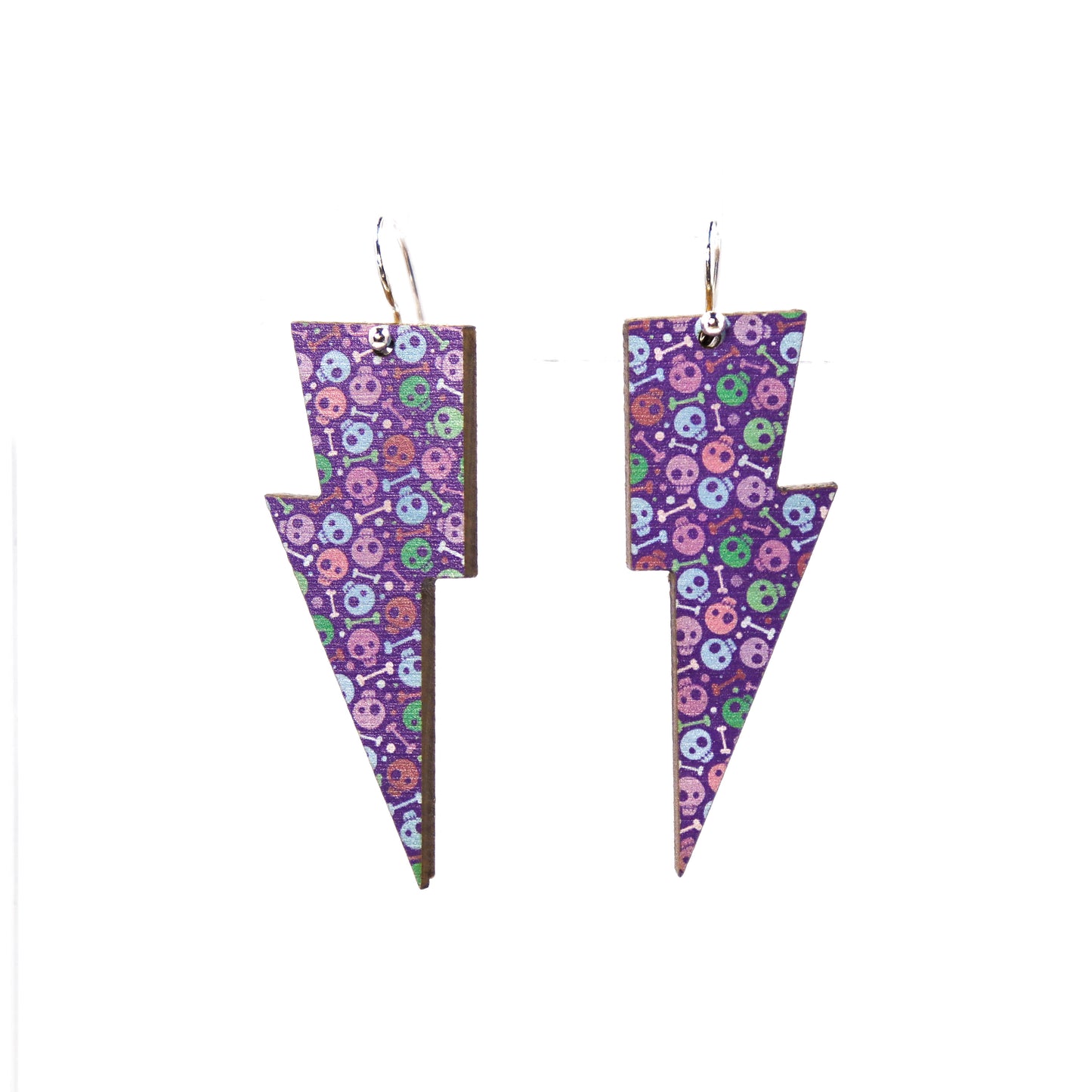 Hanging Lightning Bolt Earrings - Pastel Skulls