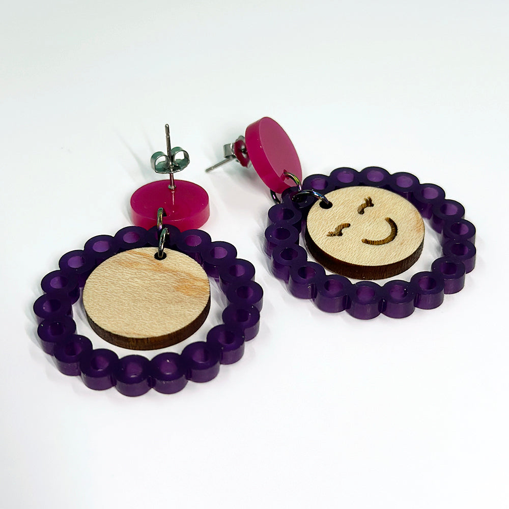 Happy Face Hanging Post Earrings in Purple