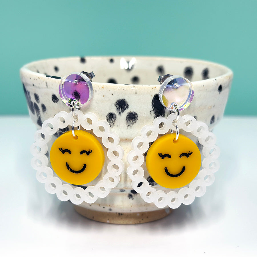 Happy Face Hanging Post Earrings in Yellow