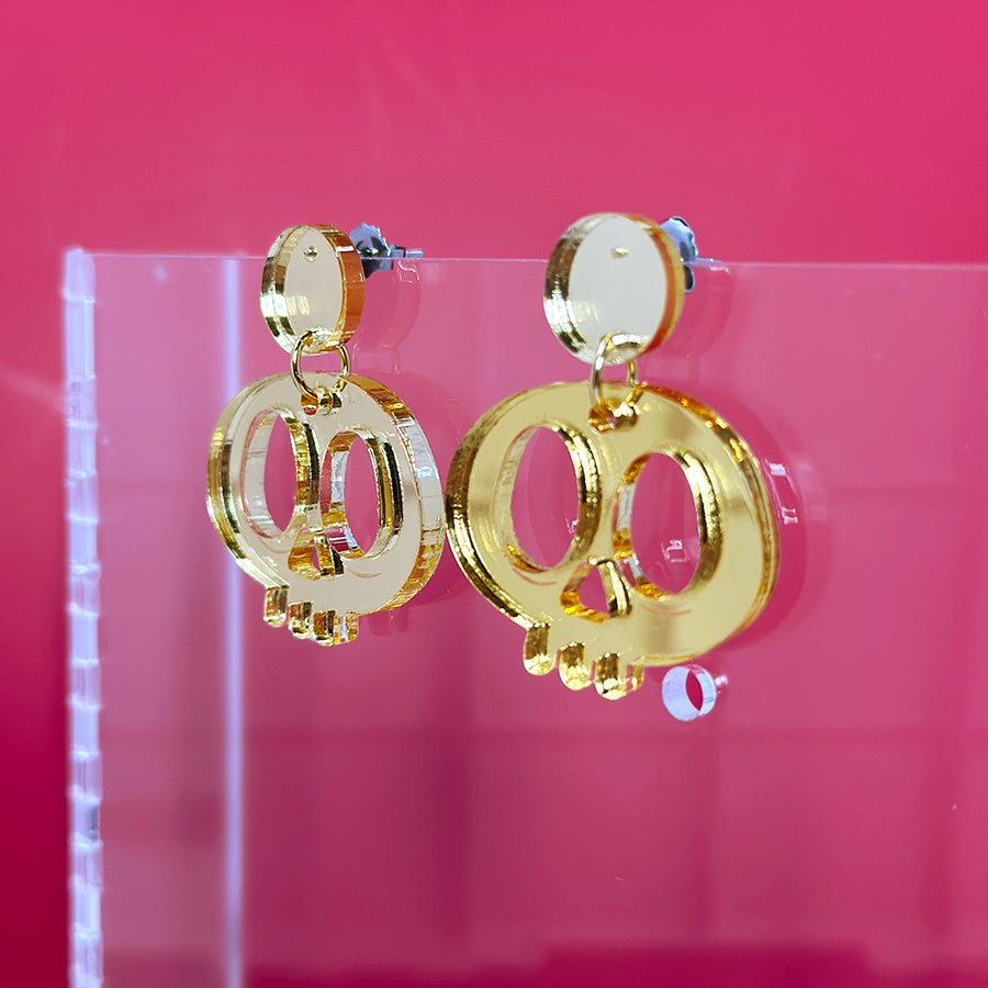 Gold Mirrored Skull Hanging Post Earrings