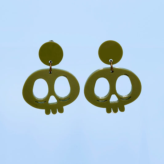 Olive Green Skull Hanging Post Earrings