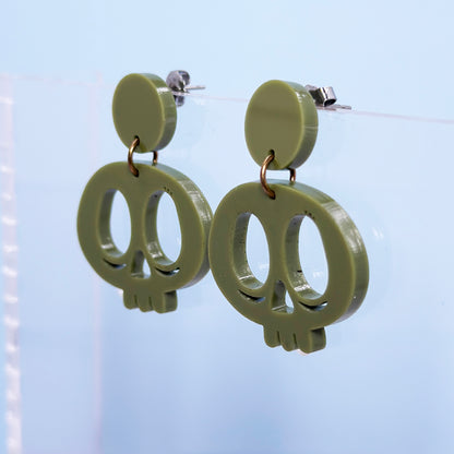 Olive Green Skull Hanging Post Earrings