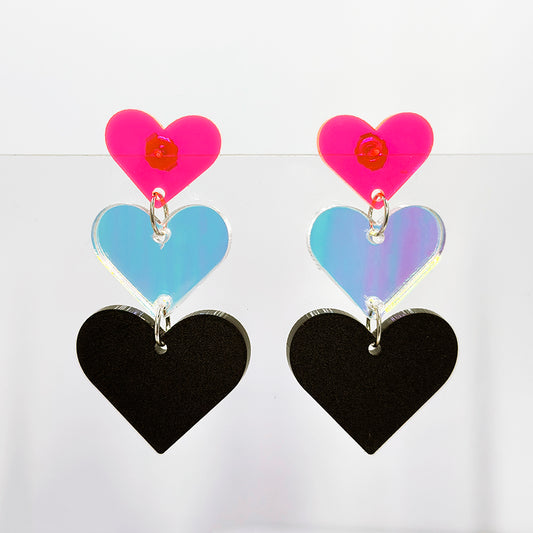 Triple Heart Earrings - Neon Pink, Iridescent & Matte Black