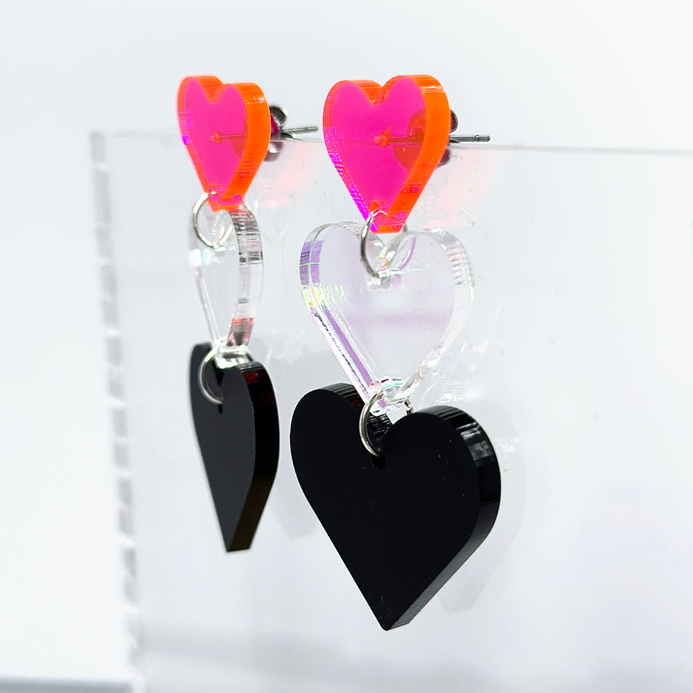 Triple Heart Earrings - Neon Pink, Iridescent & Matte Black