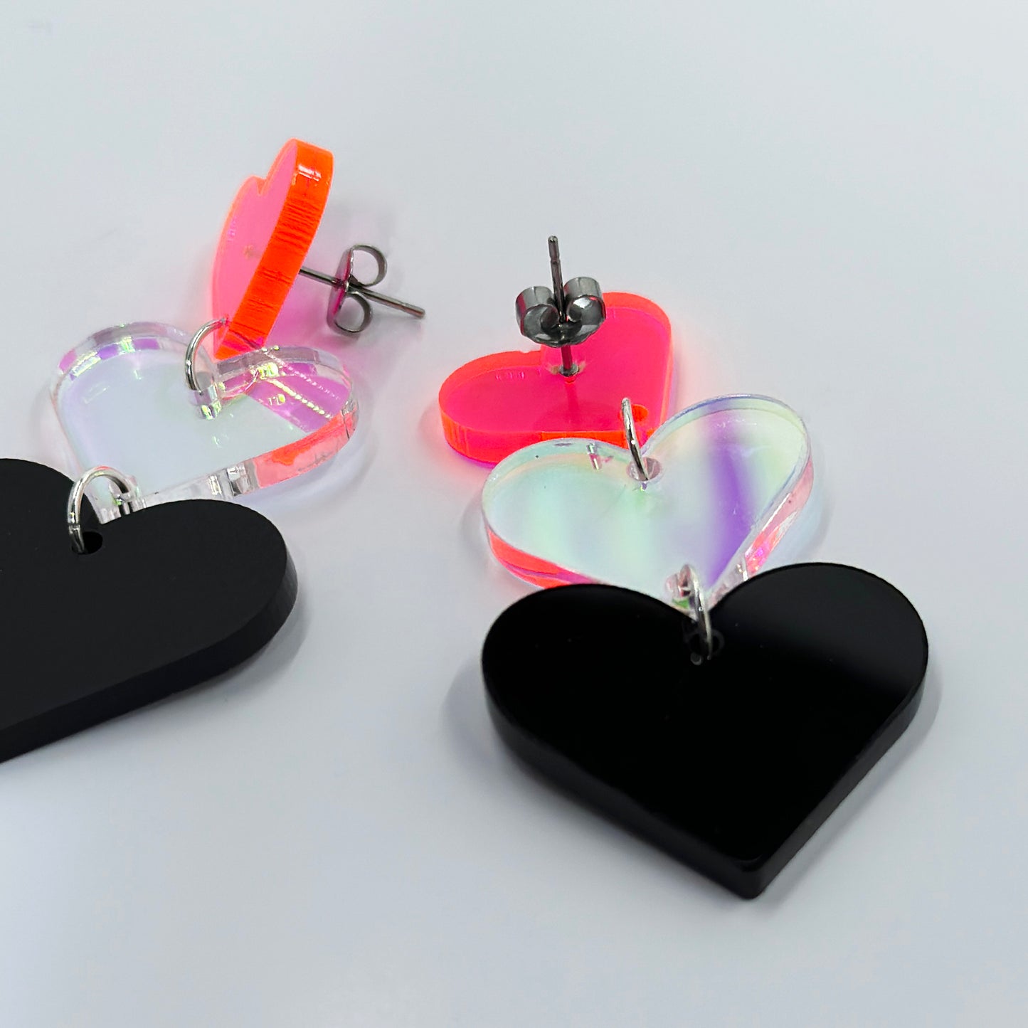 Triple Heart Earrings - Neon Pink, Iridescent & Matte Black