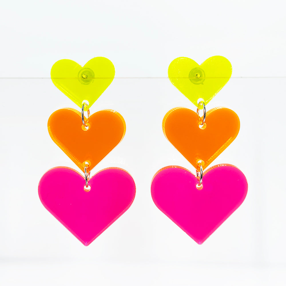 Triple Heart Earrings - Neon Yellow, Orange and Pink