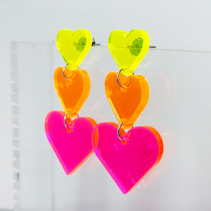 Triple Heart Earrings - Neon Yellow, Orange and Pink