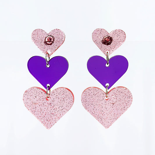 Triple Heart Earrings - Glittery Pink & Transparent Purple