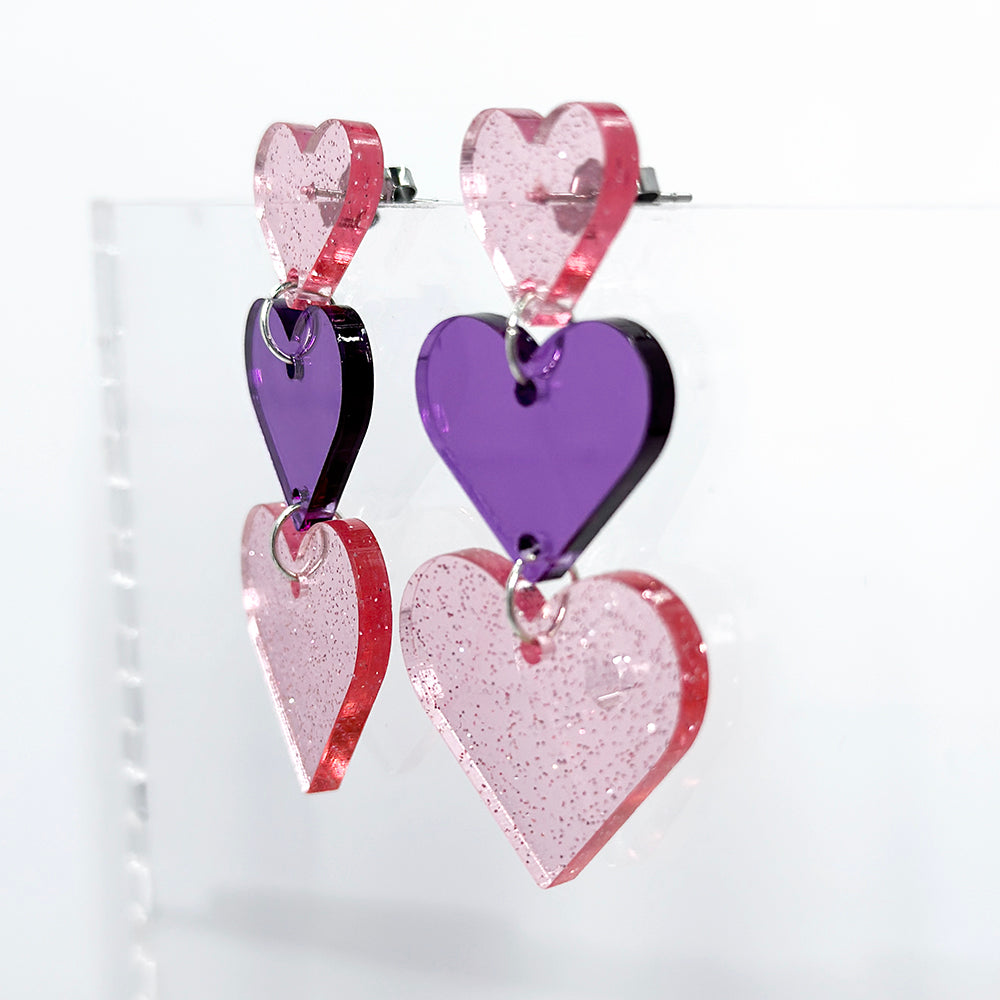 Triple Heart Earrings - Glittery Pink & Transparent Purple