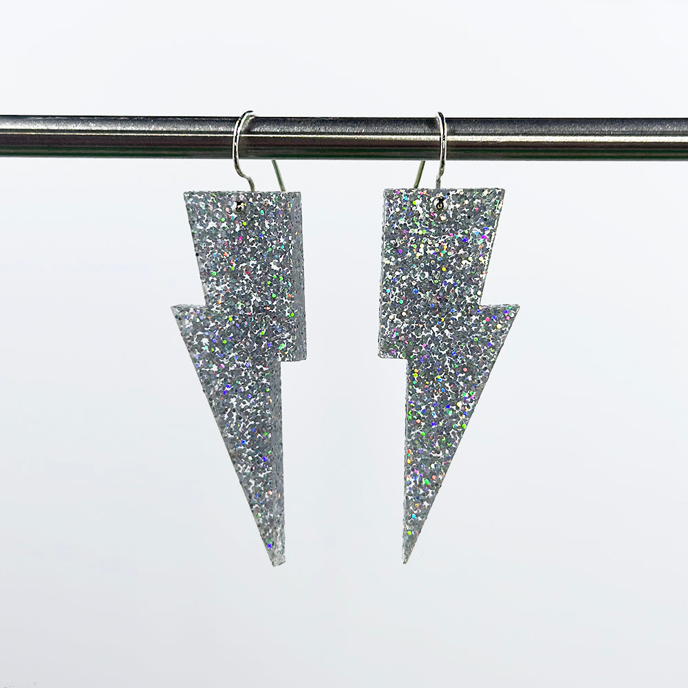 Hanging Lightning Bolt Earrings - Holographic Glitters