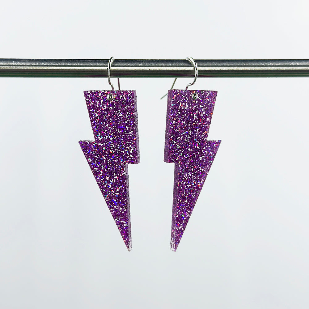 Hanging Lightning Bolt Earrings - Holographic Glitters