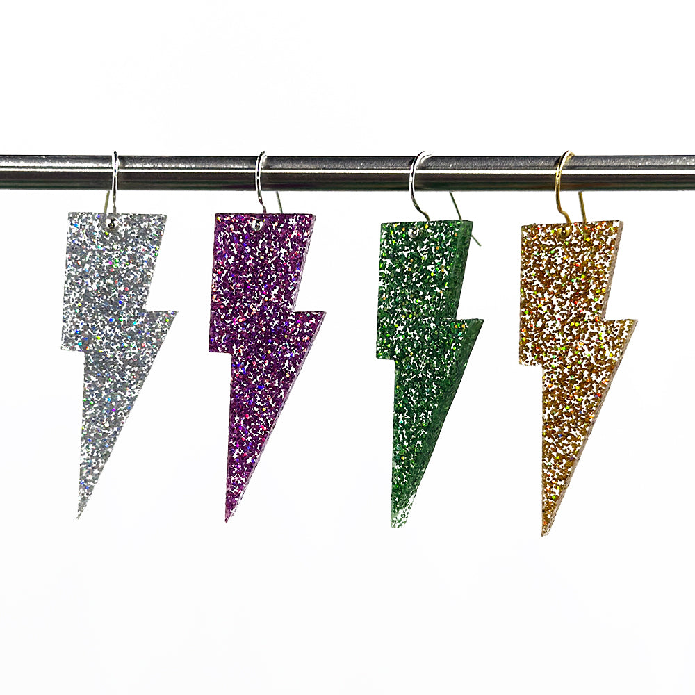 Hanging Lightning Bolt Earrings - Holographic Glitters