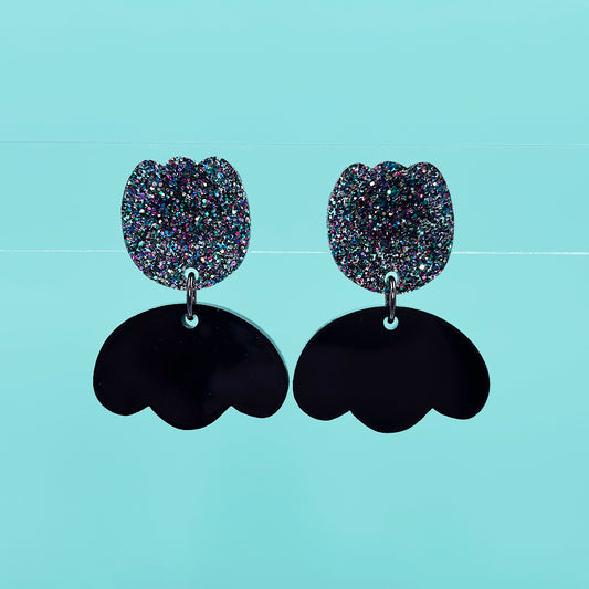 Fancy Tulip Earrings - Rainbow Glitter and Black