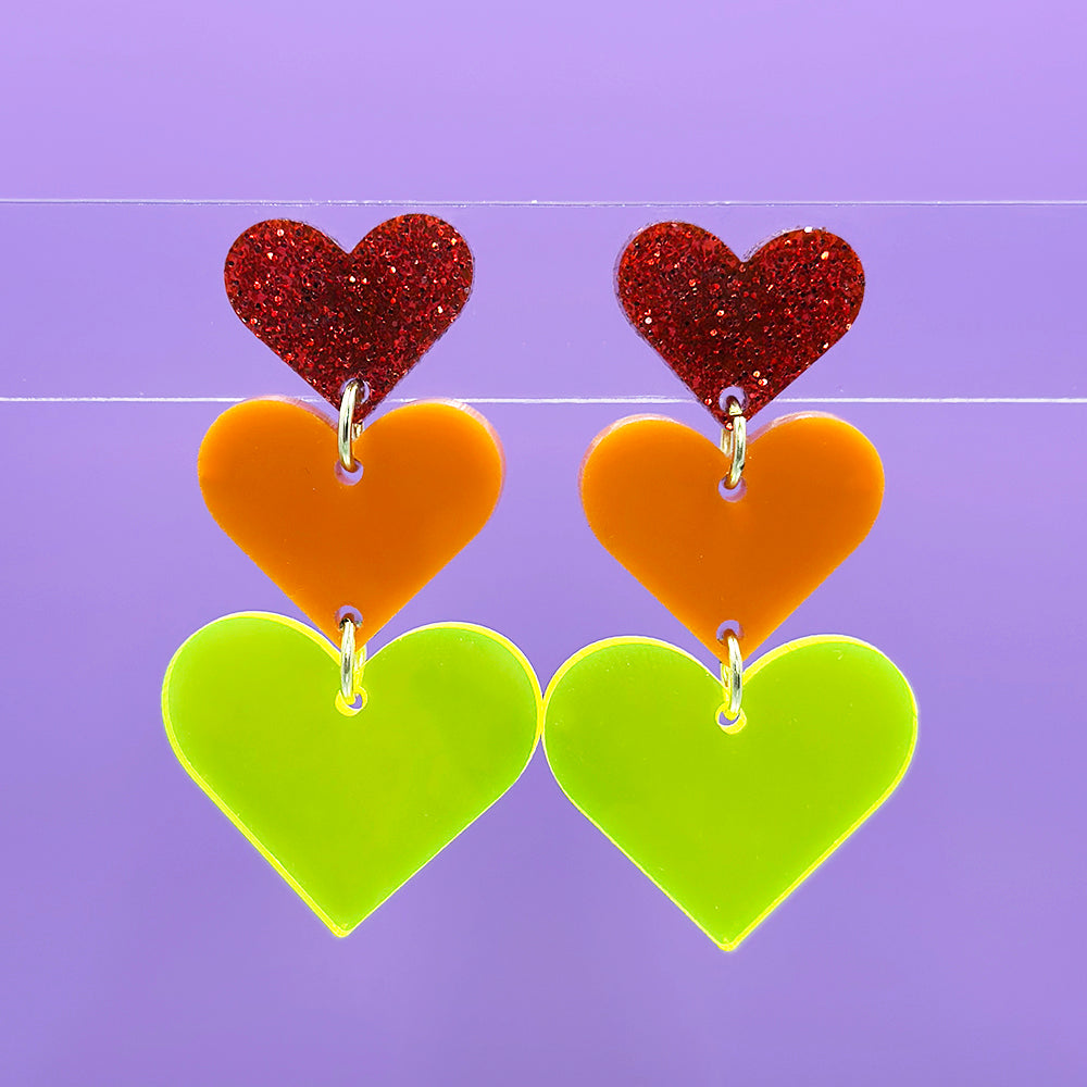 Triple Heart Earrings - Red Glitter, Orange and Neon Yellow