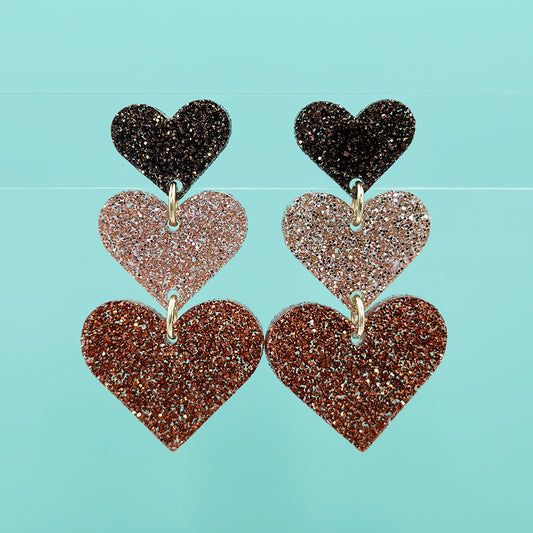 Triple Heart Earrings - Black, Tan and Copper Glitters