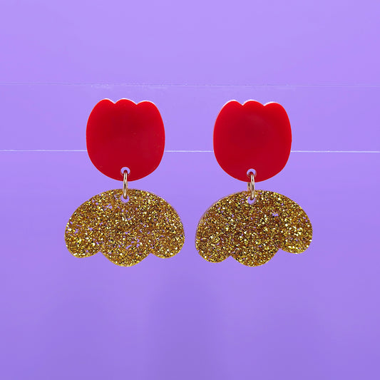 Fancy Tulip Earrings - Red and Gold Glitter