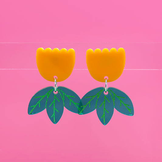 Modern Flower Earrings - Marigold & Green