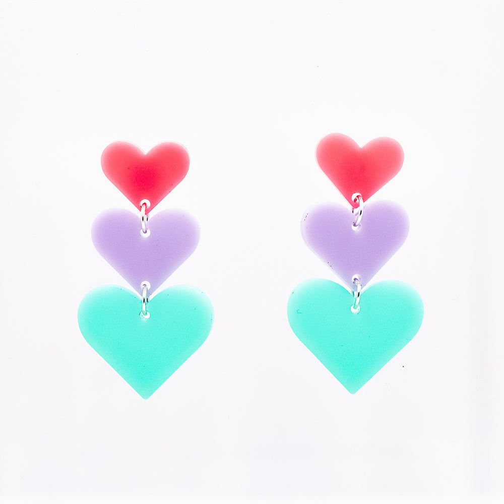 Triple Heart Earrings - Bubblegum Pink, Lavender & Teal