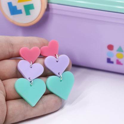 Triple Heart Earrings - Bubblegum Pink, Lavender & Teal