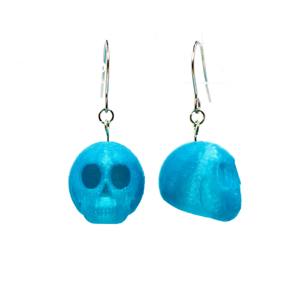3D Printed Skully Hanging Earrings in Peacock Blue