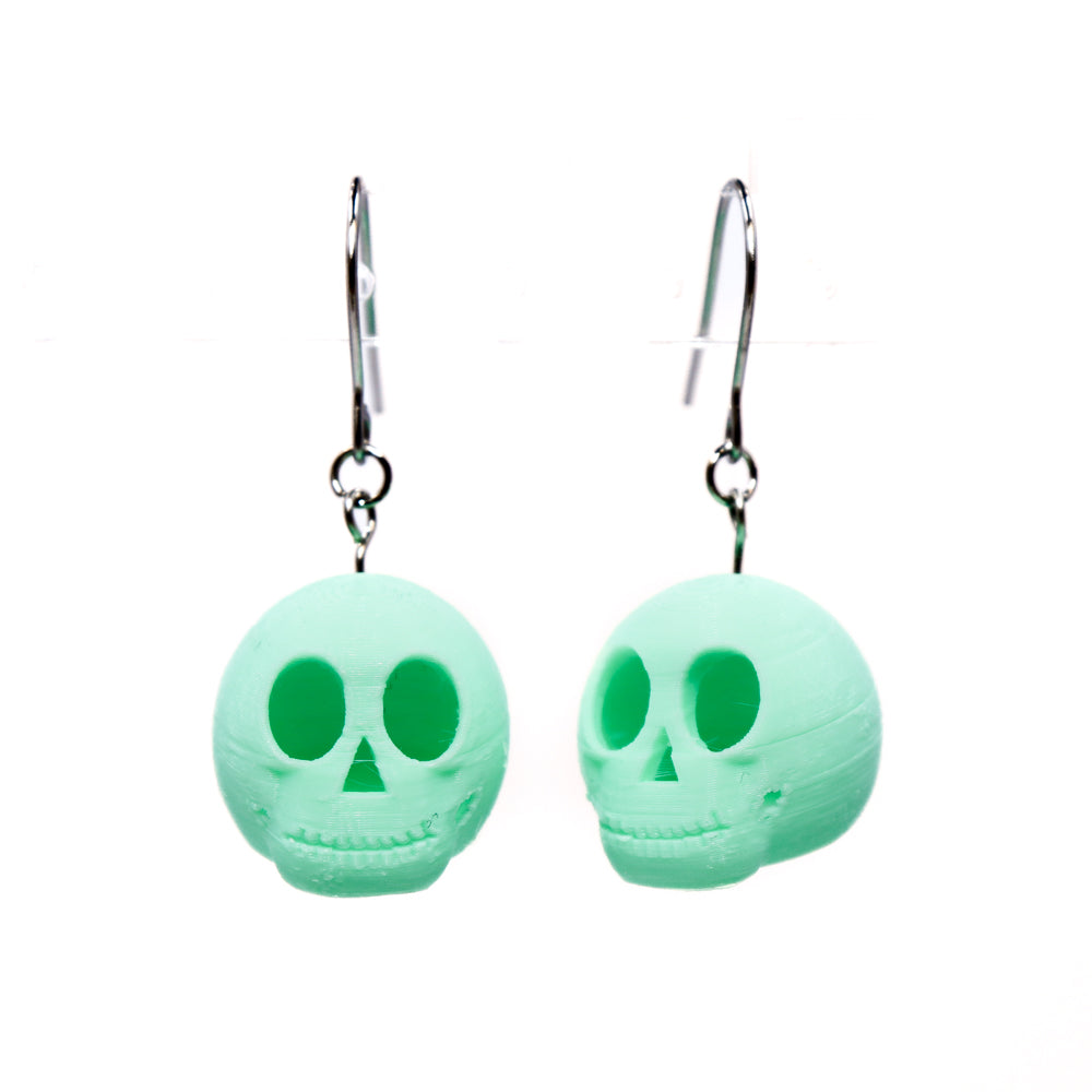 3D Printed Skully Hanging Earrings in Mint Green