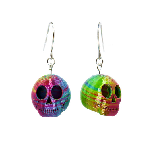 3D Printed Skully Hanging Earrings in Striped Rainbow